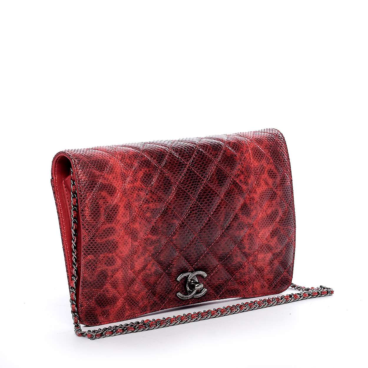 Chanel - Red Quilted Lizard Leather Messenger and Clutch Bag