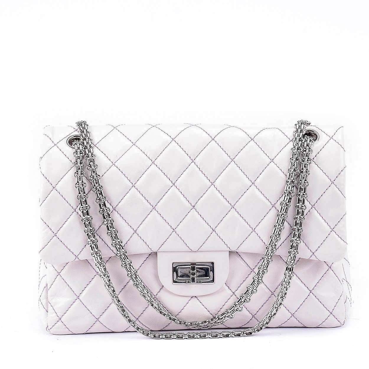 Chanel - White 2.55 Reissue Quilted Leather Purple Stitch Flap Bag