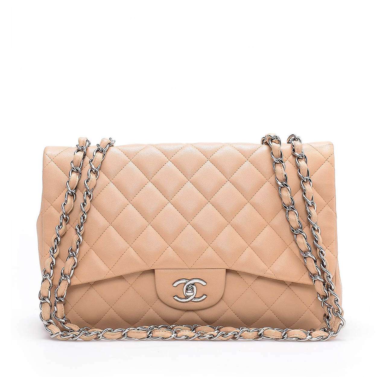 Chanel - Beige  Quilted Lambskin Leather Jumbo Single Flap Bag