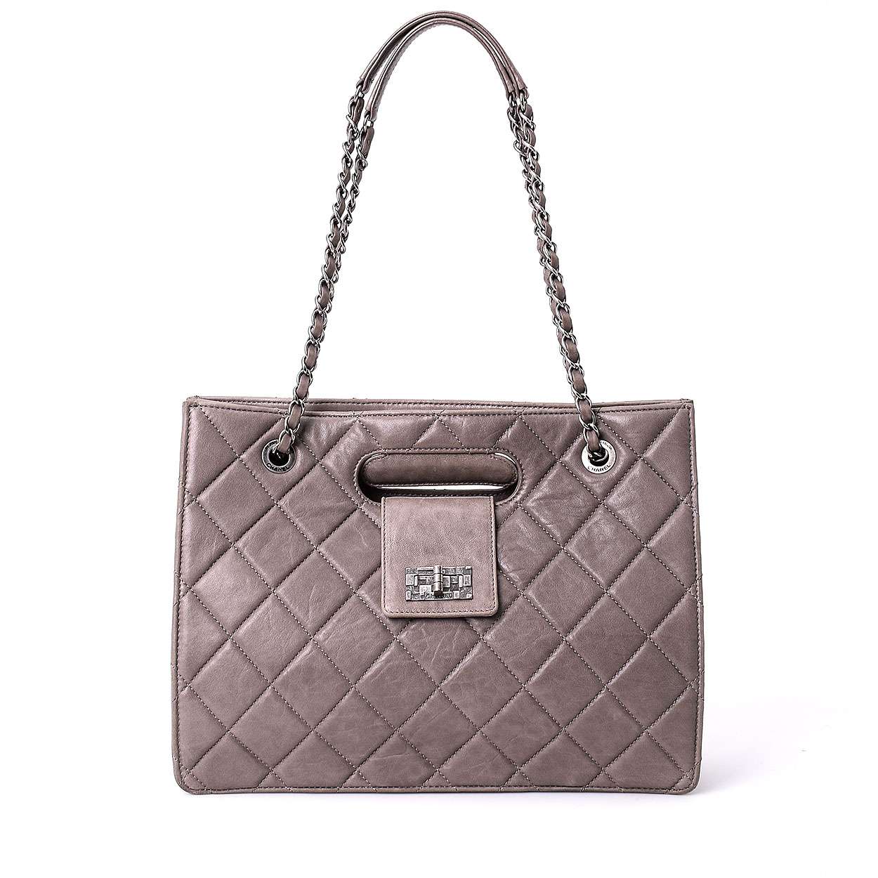 Chanel - Grey Quilted Lambskin Leather Top Handle and Shoulder Bag 