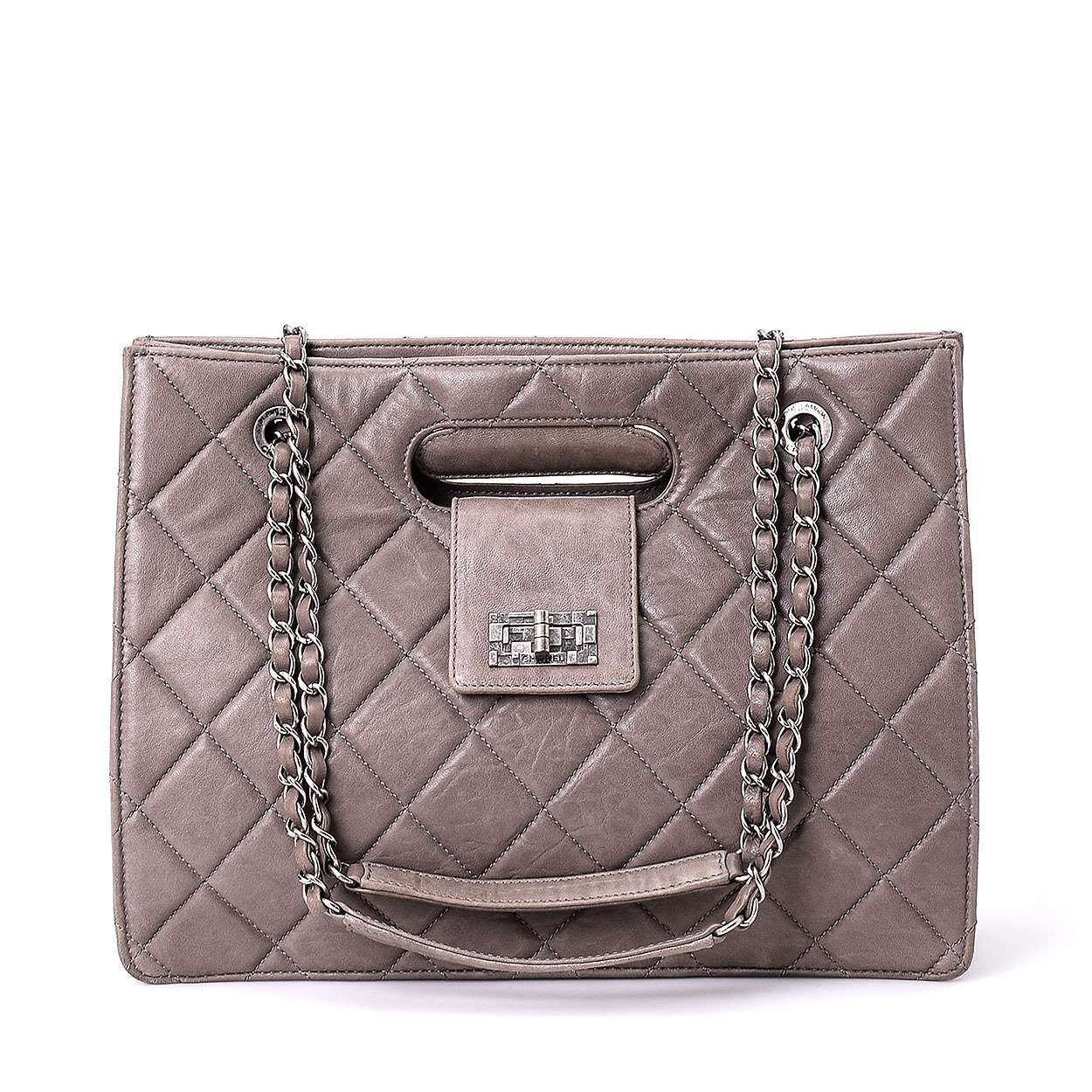 Chanel - Grey Quilted Lambskin Leather Top Handle and Shoulder Bag 