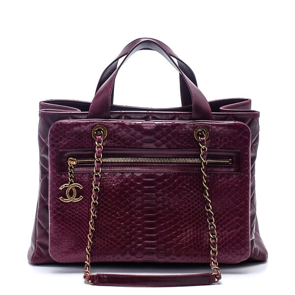 Chanel - Burgundy Python Glazed Calfskin Quilted Leather Urban Mix Tote Bag