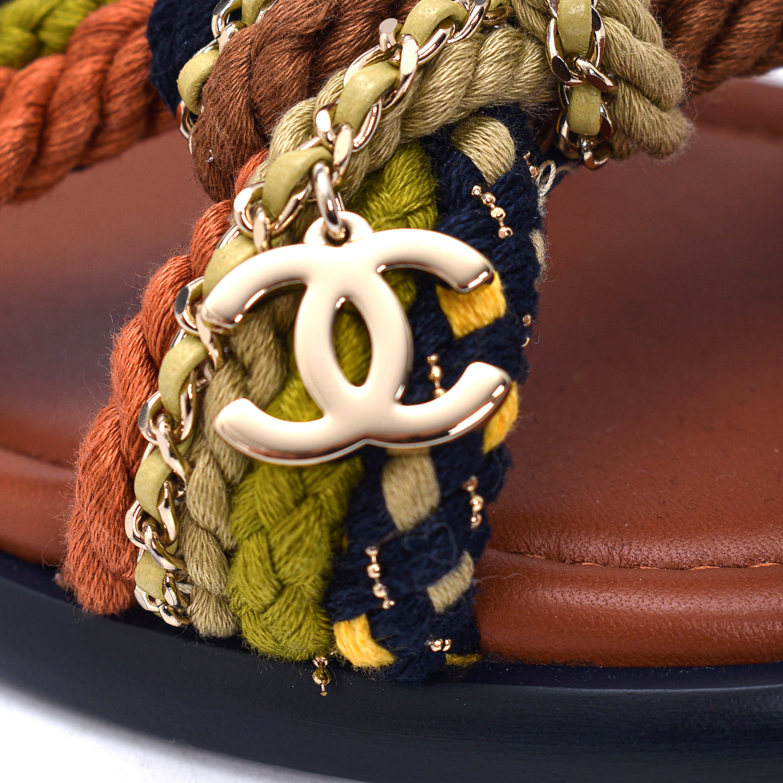 Chanel - Navy Blue Knitted&Leather CC Buckle Detail Sandals