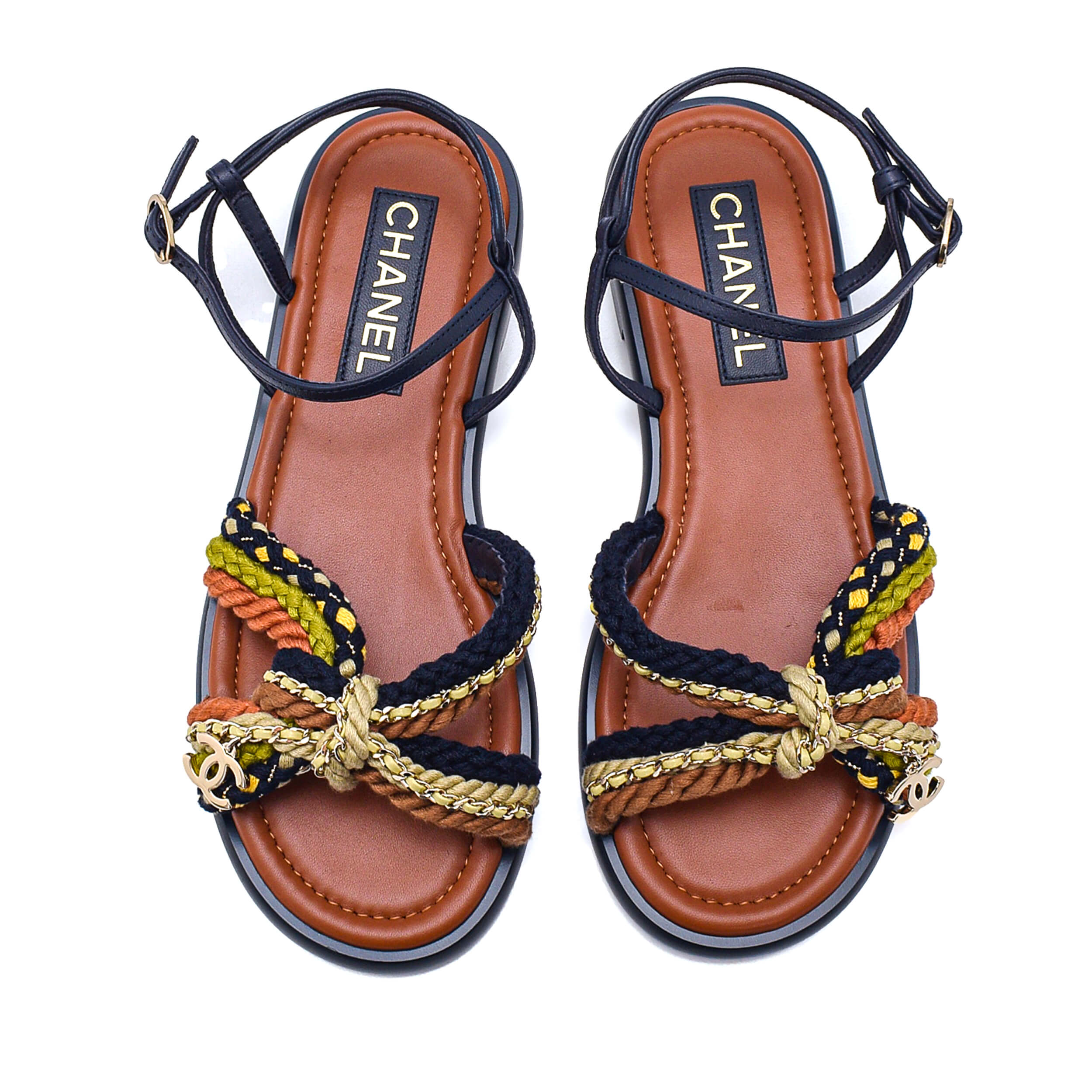 Chanel - Navy Blue Knitted&Leather CC Buckle Detail Sandals