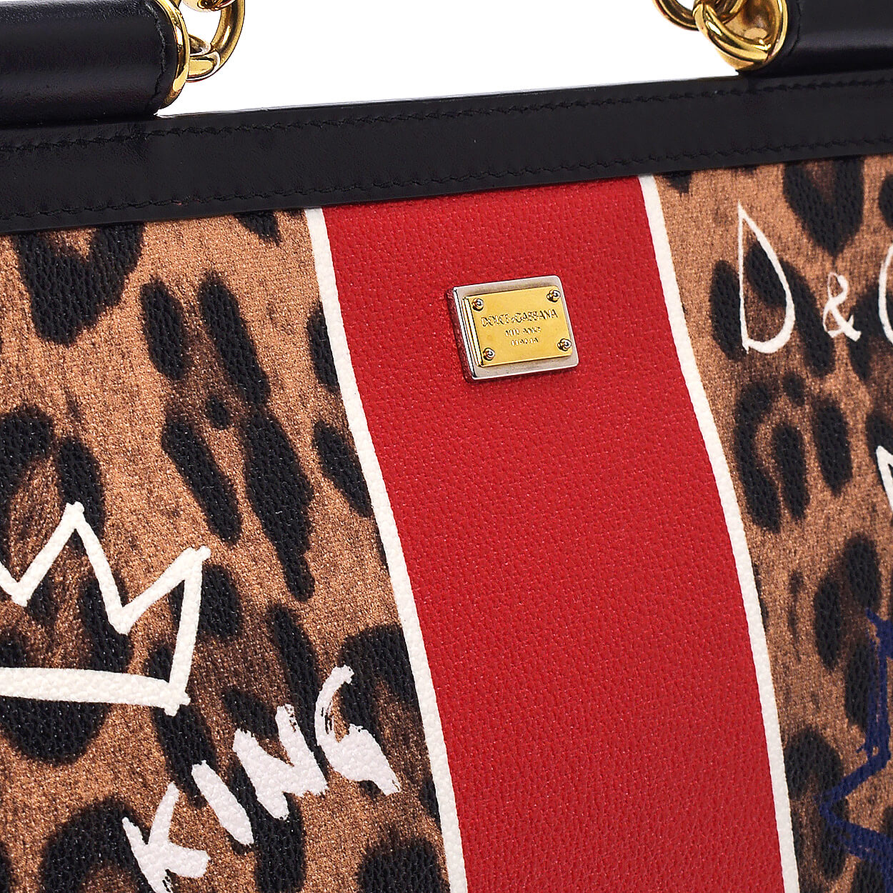 Dolce & Gabbana - Brown Coated Canvas Leopard Print & Red Striped Sicily Bag