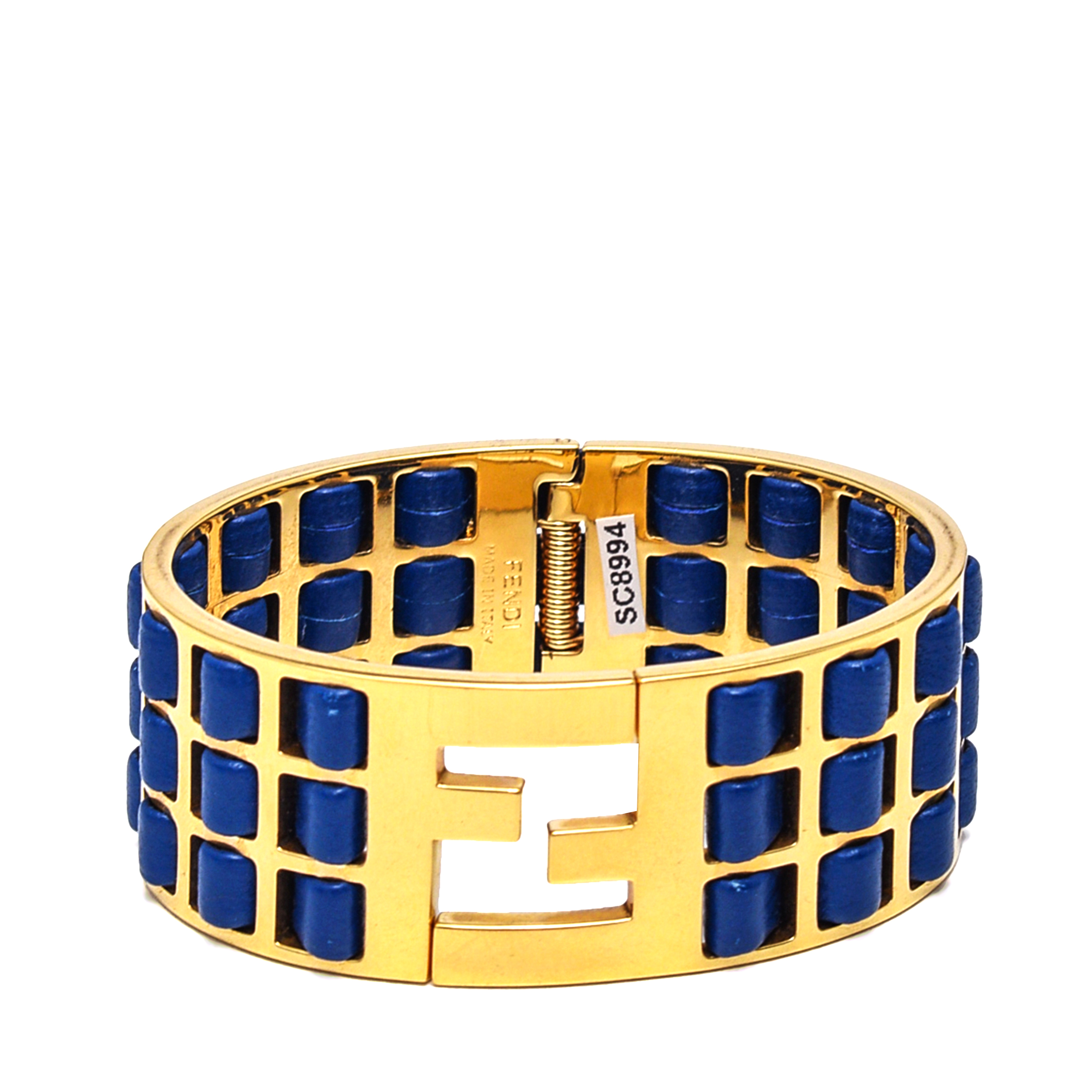 Fendi - Gold Tone&Navy Leather Fendista Bracelet M